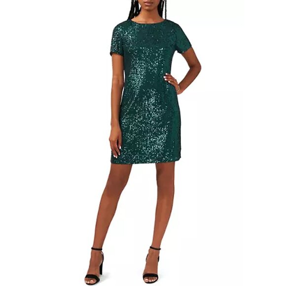 MSK Sequins Round Neck Short Sleeve Mini Shift Dress - Picture 1 of 15